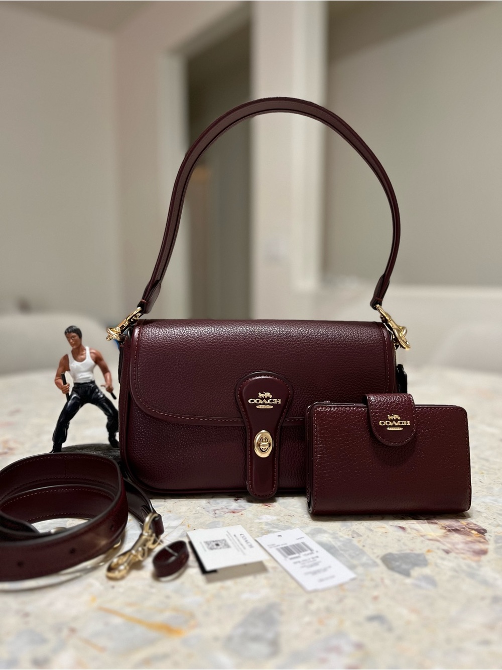 Sold ❌ COACH Hadley Shoulder Bag with Medium Corner Zip Wallet Gold/Dark Wine